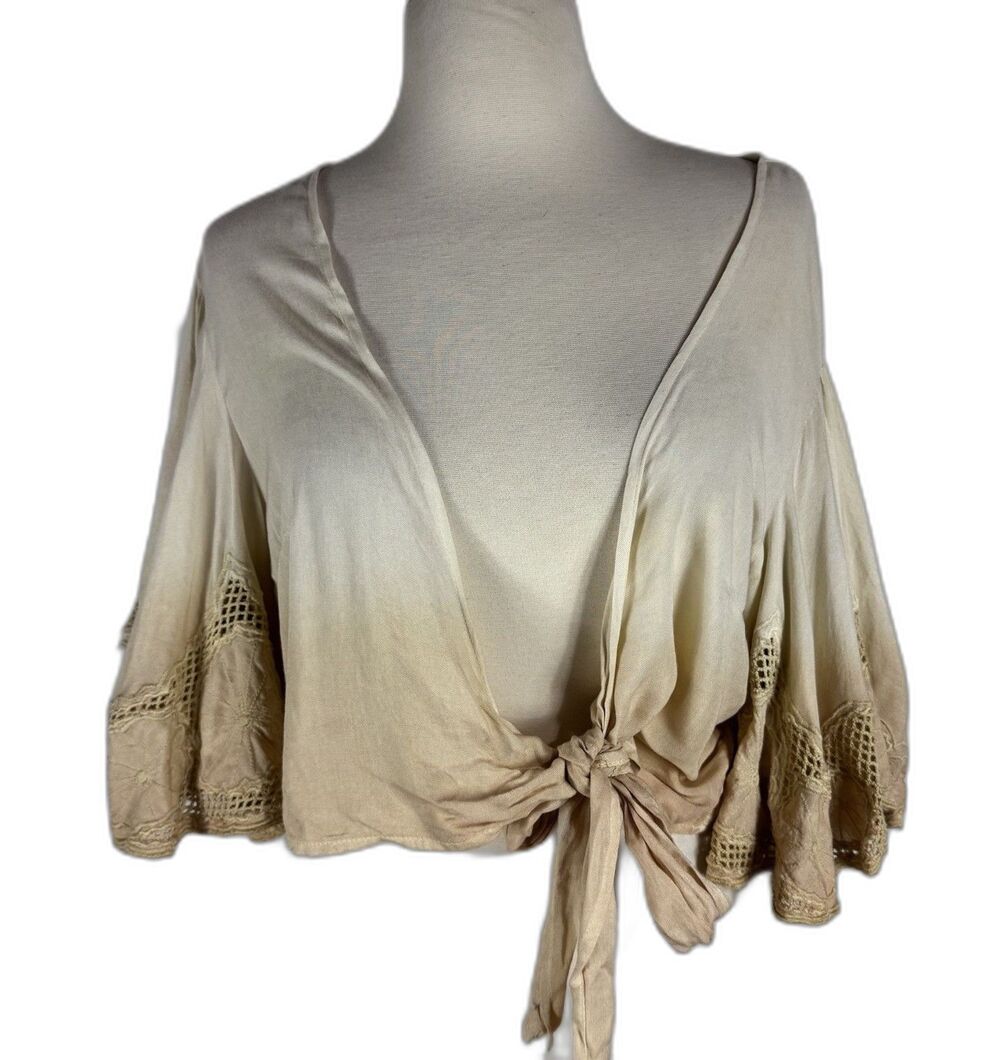 Surf Gypsy Crop Top M Boho Cowgirl Western Flutter Sleeve Coverup Ombré Neutral